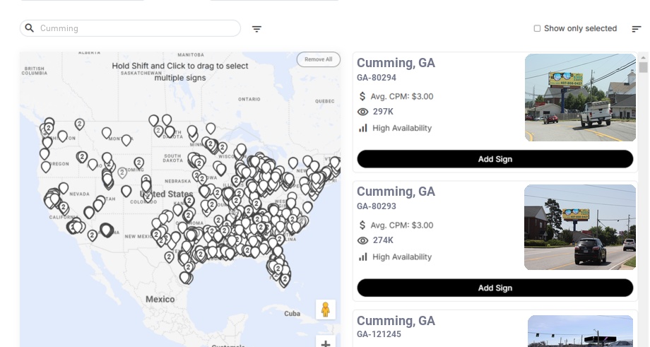 Billboard advertising in Cumming, Georgia - Choose your favorite location