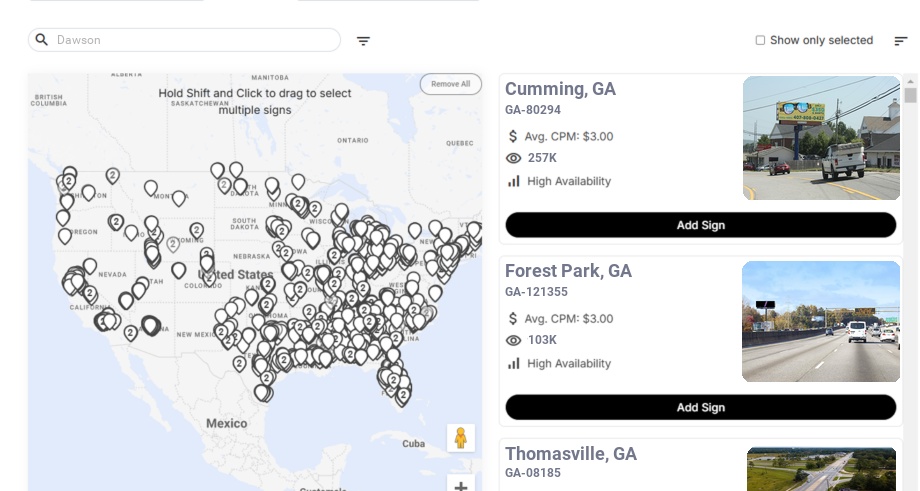 Billboard advertising in Dawson Ga, Georgia - Choose your favorite location