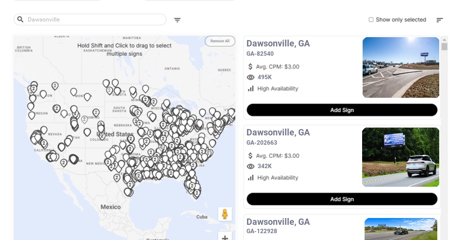 Billboard advertising in Dawsonville Ga, Georgia - Choose your favorite location