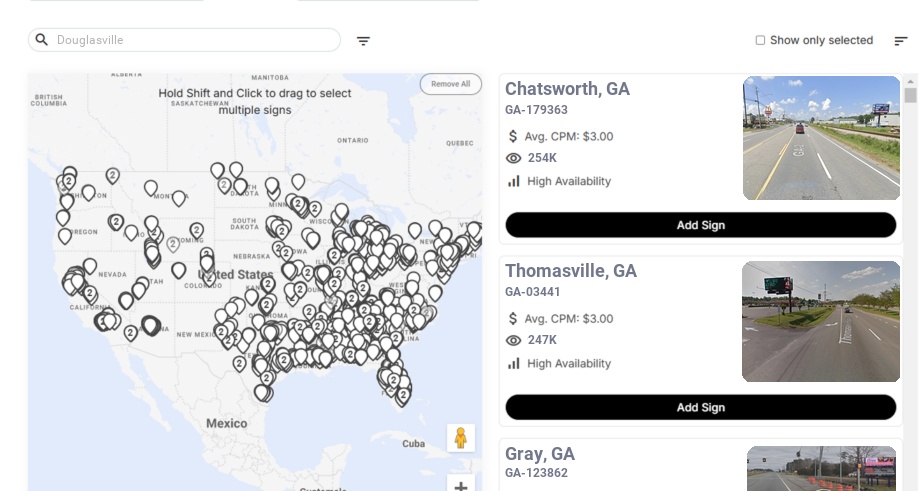 Billboard advertising in Douglasville, Georgia - Choose your favorite location