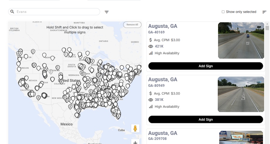 Billboard advertising in Evans Ga, Georgia - Choose your favorite location