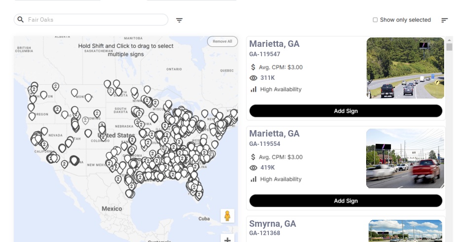 Billboard advertising in Fair Oaks Ga, Georgia - Choose your favorite location