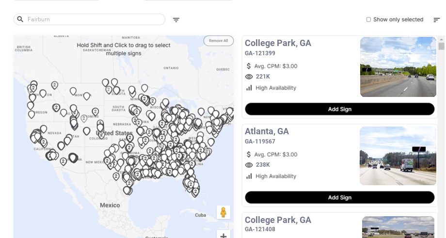 Billboard advertising in Fairburn Ga, Georgia - Choose your favorite location
