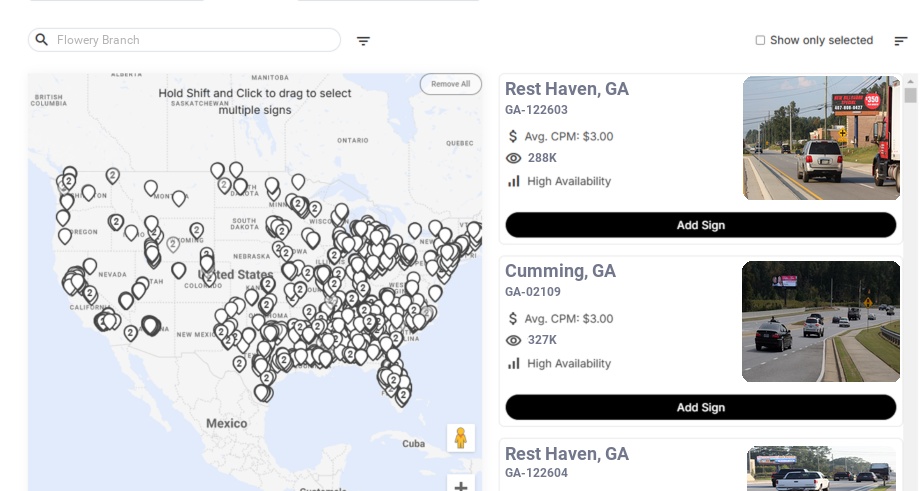 Billboard advertising in Flowery Branch Ga, Georgia - Choose your favorite location