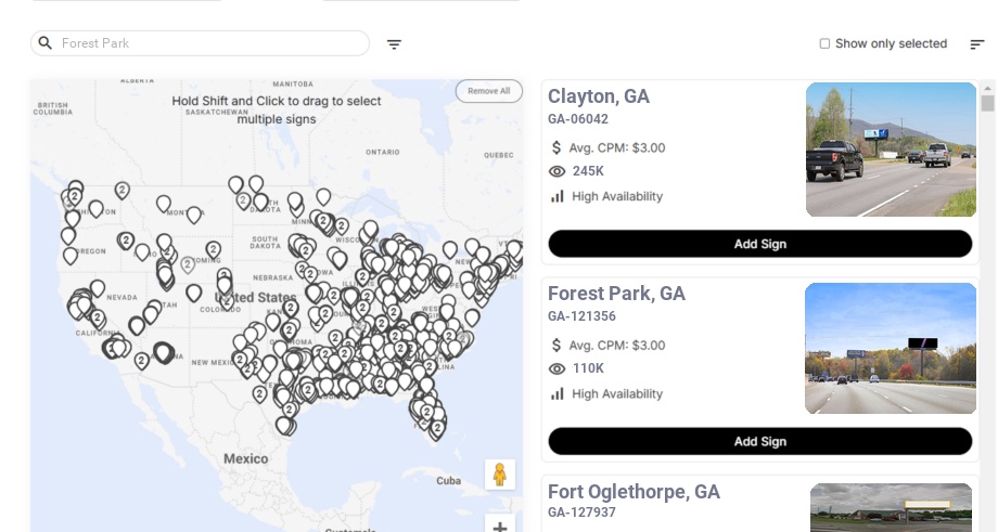 Billboard advertising in Forest Park, Georgia - Choose your favorite location