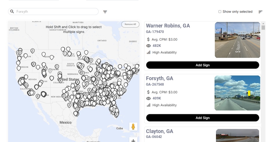 Billboard advertising in Forsyth Ga, Georgia - Choose your favorite location
