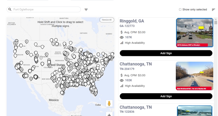 Billboard advertising in Fort Oglethorpe Ga, Georgia - Choose your favorite location