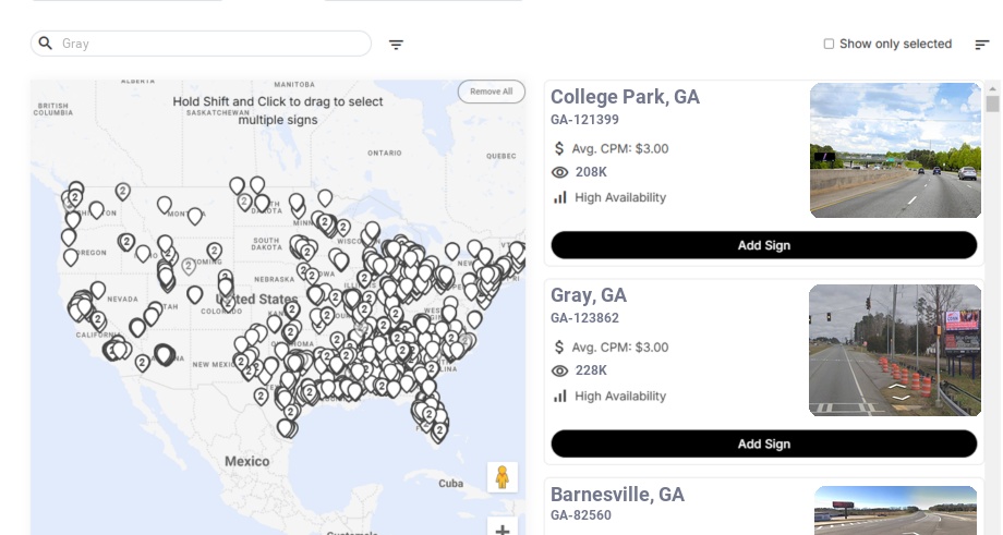Billboard advertising in Gray Ga, Georgia - Choose your favorite location