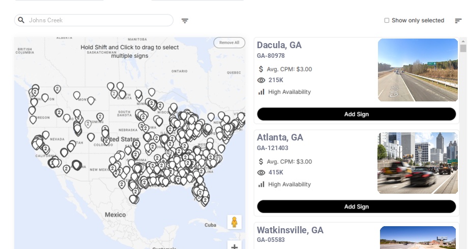 Billboard advertising in Johns Creek, Georgia - Choose your favorite location