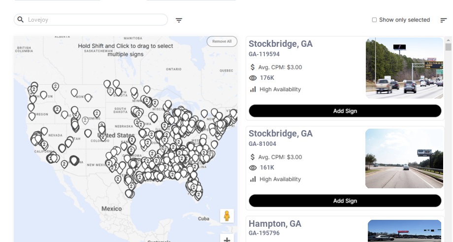Billboard advertising in Lovejoy Ga, Georgia - Choose your favorite location