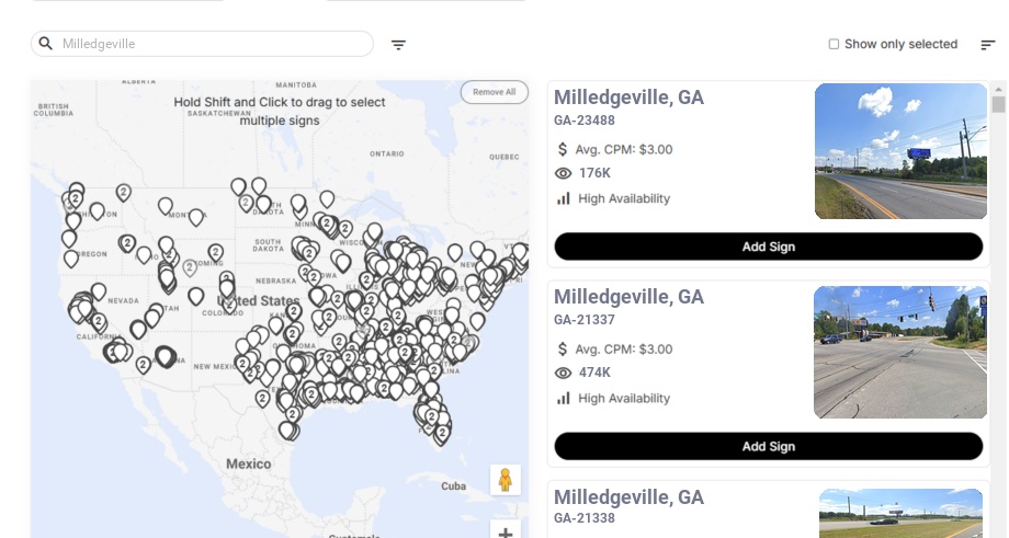 Billboard advertising in Milledgeville, Georgia - Choose your favorite location