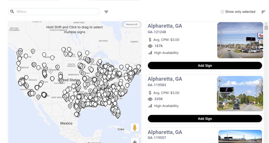 Billboard advertising in Milton Ga, Georgia - Choose your favorite location