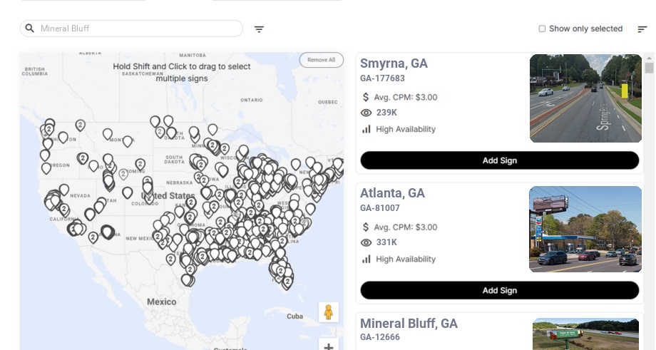 Billboard advertising in Mineral Bluff Ga, Georgia - Choose your favorite location