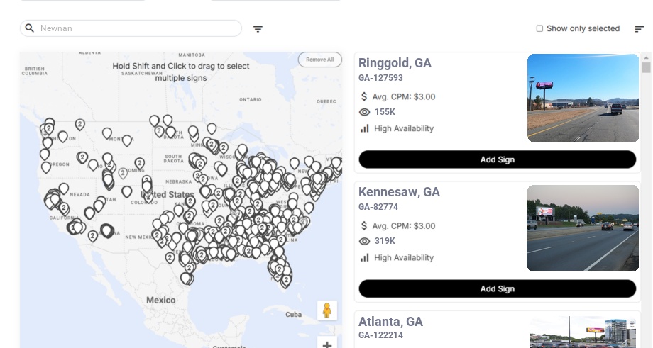Billboard advertising in Newnan Ga, Georgia - Choose your favorite location