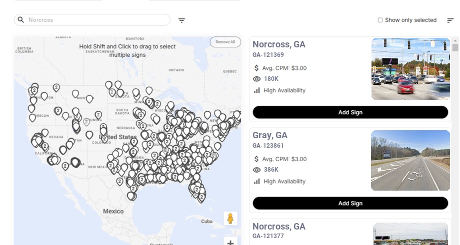 Billboard advertising in Norcross, Georgia - Choose your favorite location