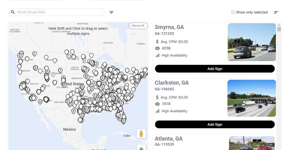 Billboard advertising in North Druid Hills Ga, Georgia - Choose your favorite location