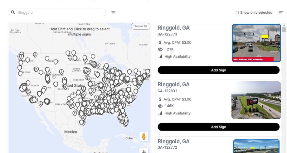 Billboard advertising in Ringgold Ga, Georgia - Choose your favorite location