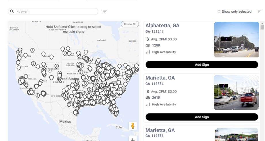 Billboard advertising in Roswell Ga, Georgia - Choose your favorite location