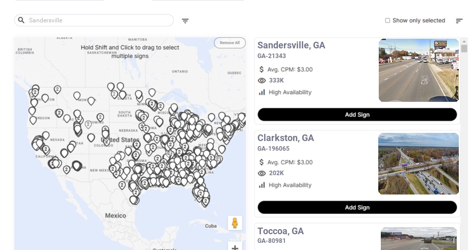 Billboard advertising in Sandersville Ga, Georgia - Choose your favorite location