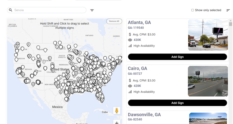 Billboard advertising in Senoia Ga, Georgia - Choose your favorite location