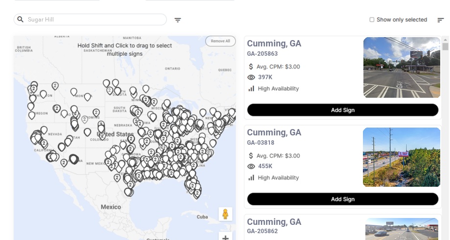 Billboard advertising in Sugar Hill Ga, Georgia - Choose your favorite location