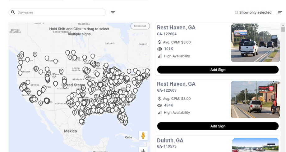 Billboard advertising in Suwanee Ga, Georgia - Choose your favorite location