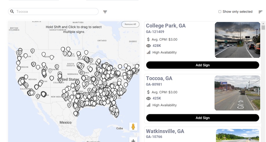 Billboard advertising in Toccoa Ga, Georgia - Choose your favorite location