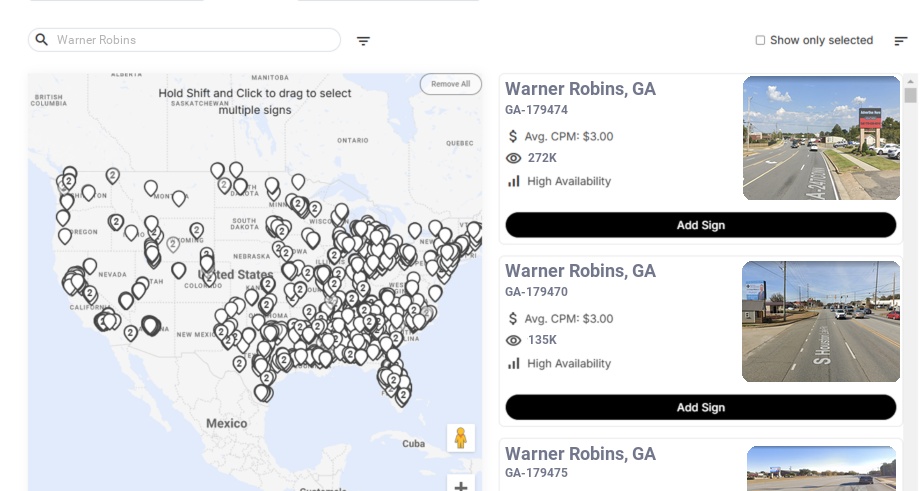 Billboard advertising in Warner Robins, Georgia - Choose your favorite location