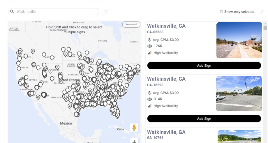 Billboard advertising in Watkinsville, Georgia - Choose your favorite location
