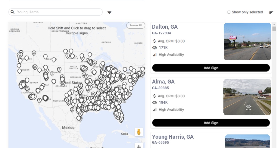 Billboard advertising in Young Harris Ga, Georgia - Choose your favorite location