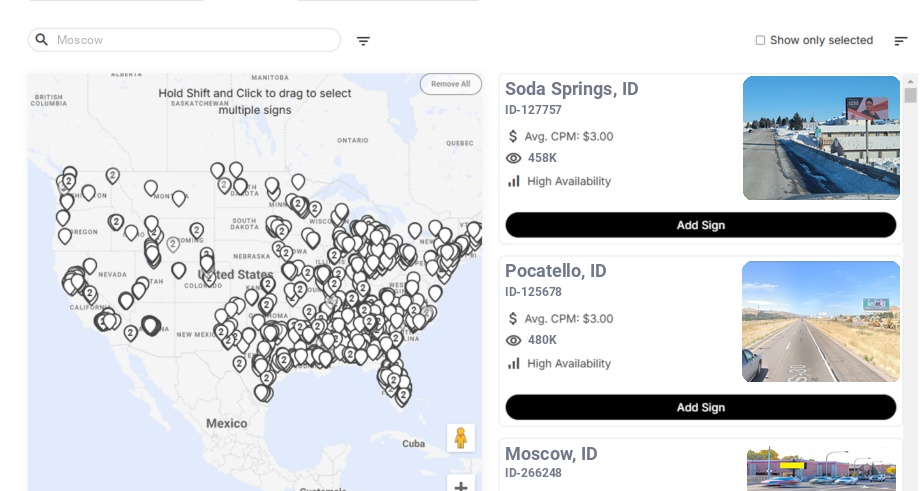 Billboard advertising in Moscow Id, Idaho - Choose your favorite location