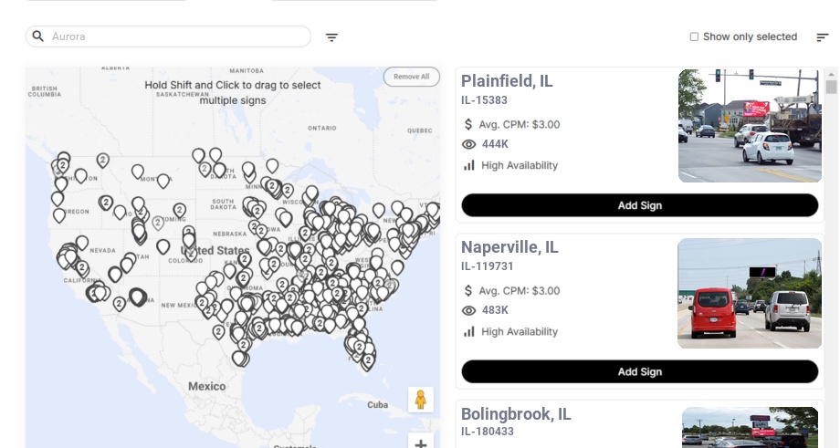 Billboard advertising in Aurora Il, Illinois - Choose your favorite location