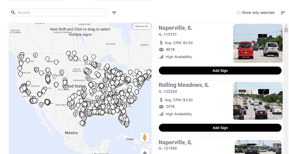 Billboard advertising in Bartlett Il, Illinois - Choose your favorite location