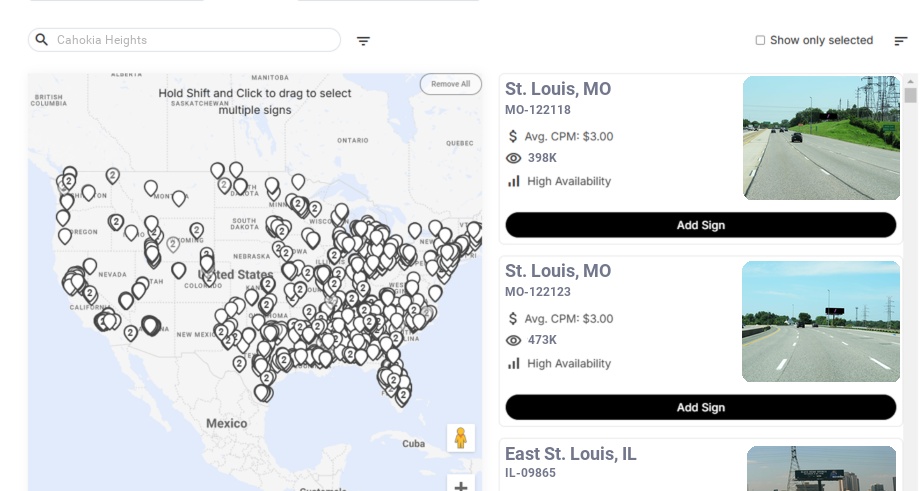 Billboard advertising in Cahokia Heights Il, Illinois - Choose your favorite location