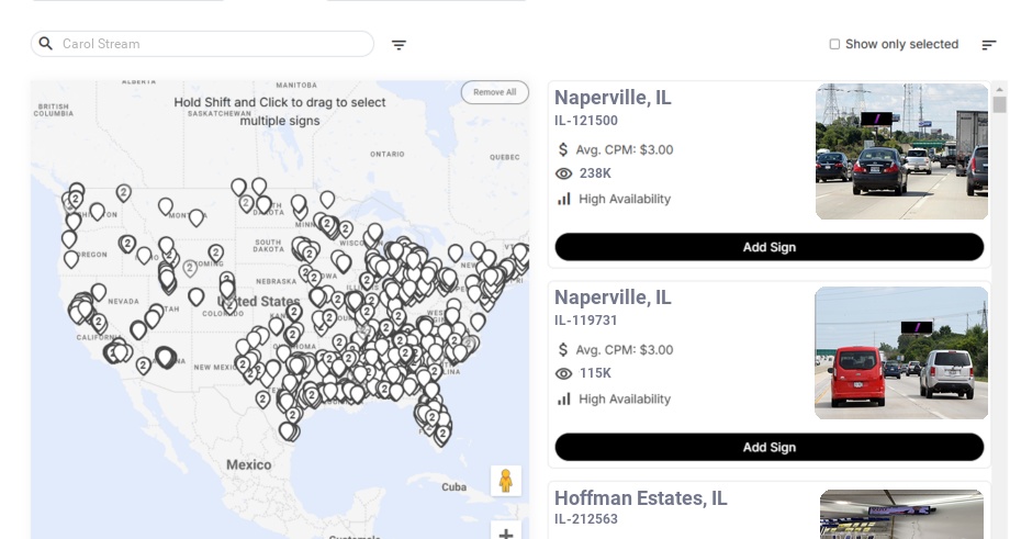 Billboard advertising in Carol Stream Il, Illinois - Choose your favorite location