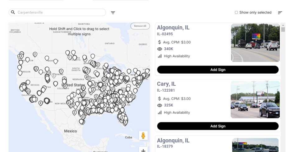 Billboard advertising in Carpentersville Il, Illinois - Choose your favorite location