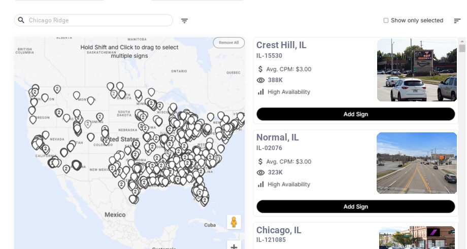 Billboard advertising in Chicago Ridge Il, Illinois - Choose your favorite location
