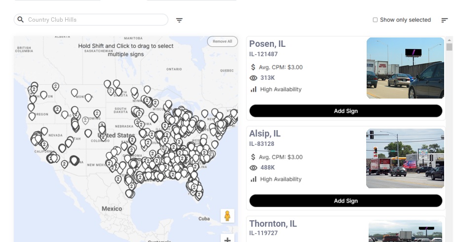 Billboard advertising in Country Club Hills Il, Illinois - Choose your favorite location