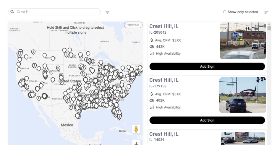 Billboard advertising in Crest Hill Il, Illinois - Choose your favorite location