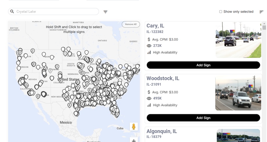 Billboard advertising in Crystal Lake Il, Illinois - Choose your favorite location