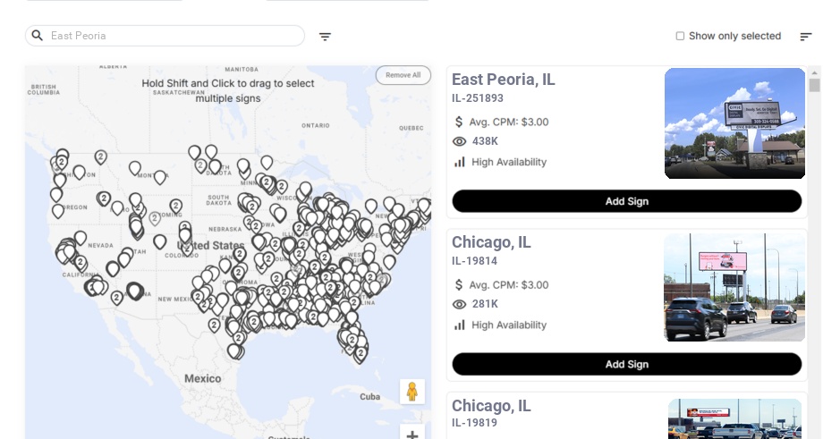 Billboard advertising in East Peoria Il, Illinois - Choose your favorite location