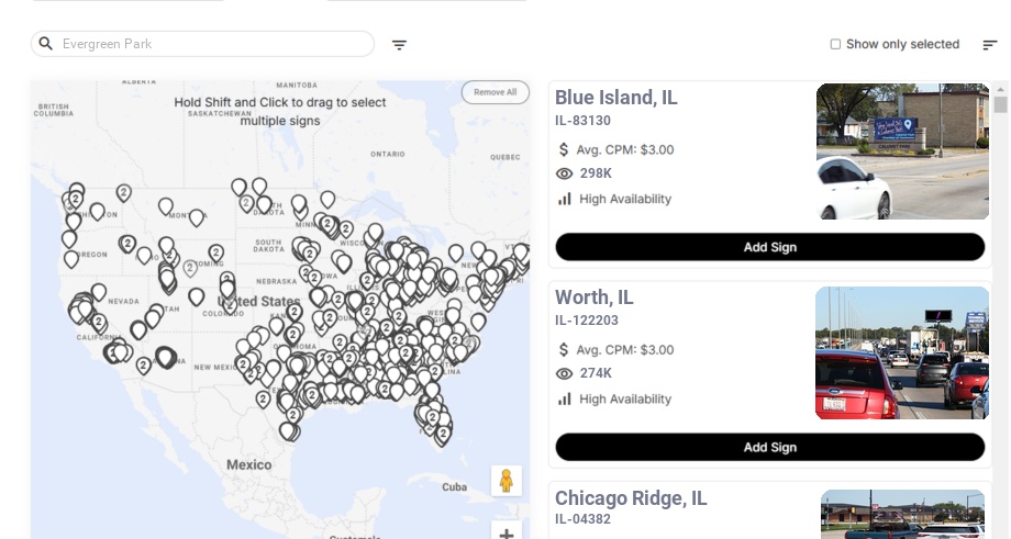 Billboard advertising in Evergreen Park Il, Illinois - Choose your favorite location