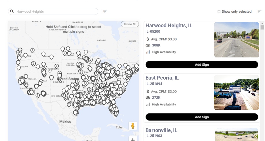 Billboard advertising in Harwood Heights Il, Illinois - Choose your favorite location