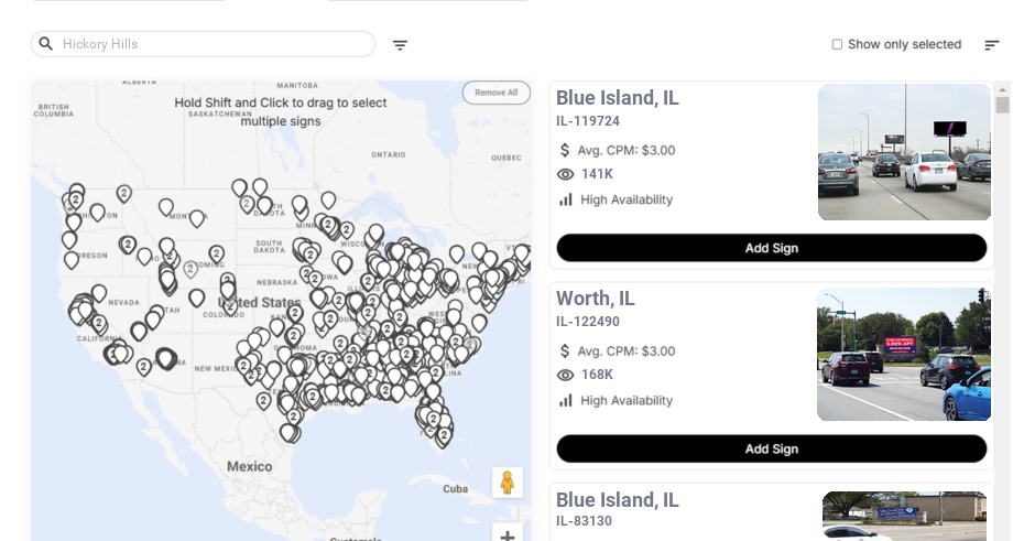 Billboard advertising in Hickory Hills Il, Illinois - Choose your favorite location