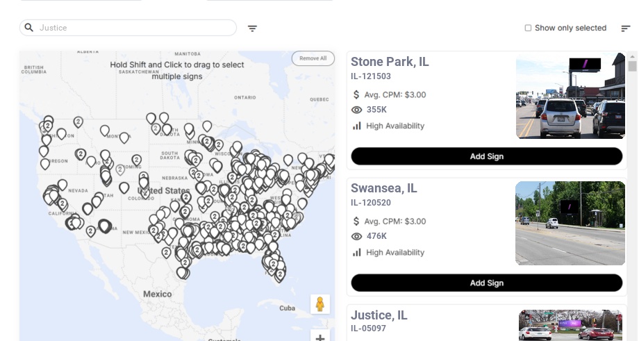Billboard advertising in Justice Il, Illinois - Choose your favorite location