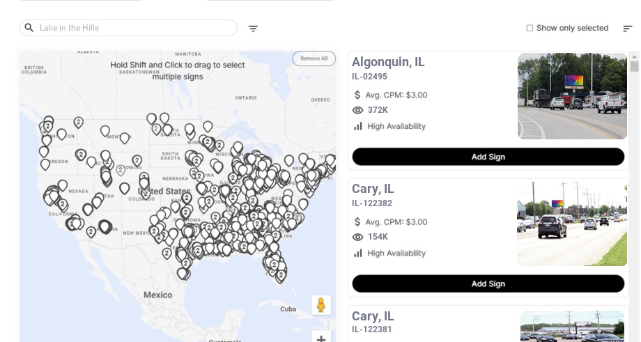 Billboard advertising in Lake In The Hills Il, Illinois - Choose your favorite location