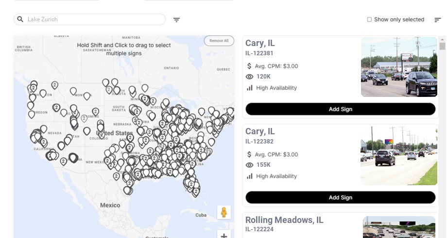 Billboard advertising in Lake Zurich Il, Illinois - Choose your favorite location