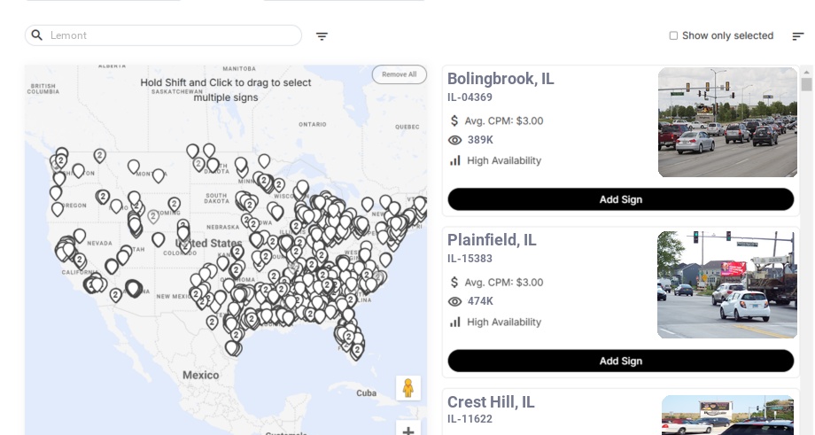 Billboard advertising in Lemont Il, Illinois - Choose your favorite location