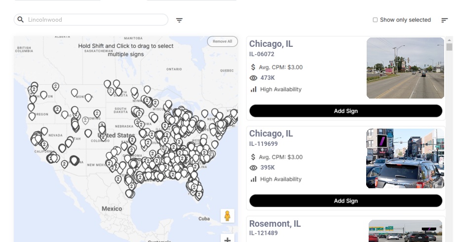 Billboard advertising in Lincolnwood Il, Illinois - Choose your favorite location