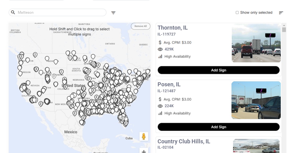 Billboard advertising in Matteson Il, Illinois - Choose your favorite location